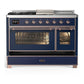 Ilve UM48FSNR3MBP Ilve Um48Fsnr3Mbp Majestic Iii 48 Inch Dual Fuel Range With 5 Black Brass Burners, Griddle And French Top, Dual Function Burner Up To 25,000 Btu (Natural Gas, Triple Glass Door, Midnight Blue, Copper)