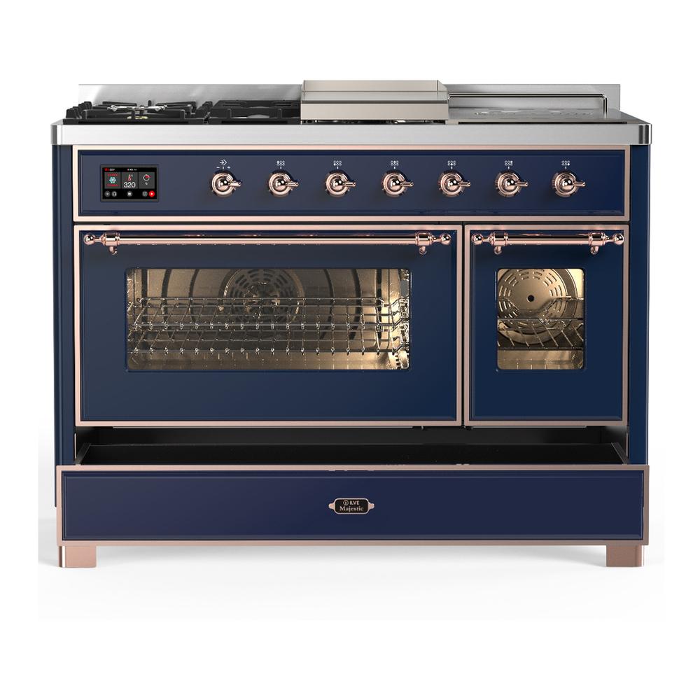 Ilve UM48FSNR3MBP Ilve Um48Fsnr3Mbp Majestic Iii 48 Inch Dual Fuel Range With 5 Black Brass Burners, Griddle And French Top, Dual Function Burner Up To 25,000 Btu (Natural Gas, Triple Glass Door, Midnight Blue, Copper)