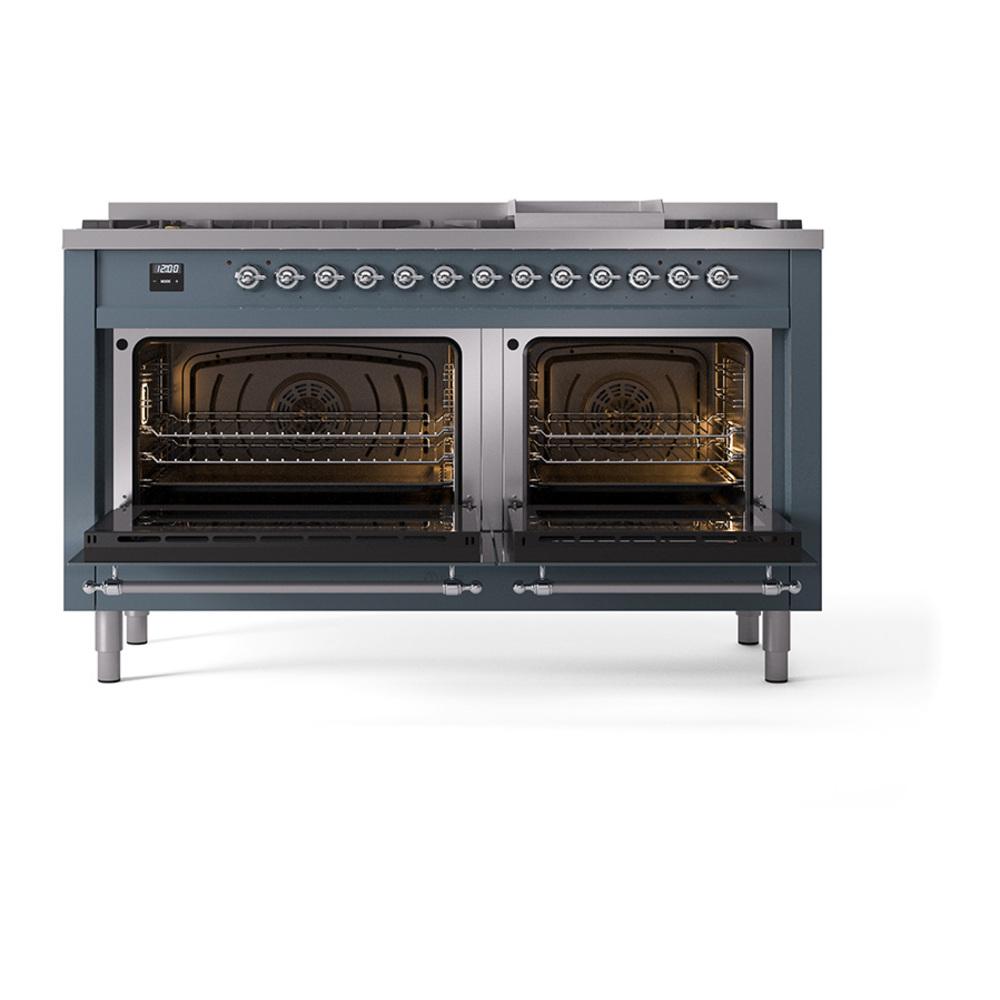 Ilve UN60FQNMPBGC Ilve Un60Fqnmpbgc Nostalgie Ii Noblesse 60" Dual Fuel Range (9 Sealed Burners + Griddle, Natural Gas, Solid Door, Blue Grey, Chrome)