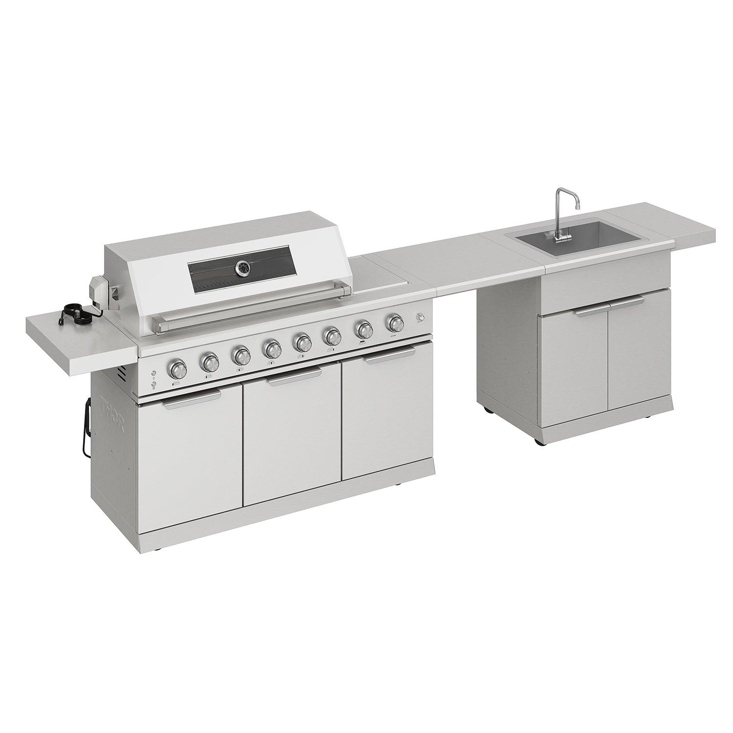 Thor Kitchen TBG573P 10 Ft. Outdoor Kitchen Island With Gas Grill & Side Burner, Sink & Drawer 77,000 Btu - Stainless Steel