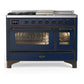 Ilve UM48FSNR3MBB Ilve Um48Fsnr3Mbb Majestic Iii 48 Inch Dual Fuel Range With 5 Black Brass Burners, Griddle And French Top, Dual Function Burner Up To 25,000 Btu (Natural Gas, Triple Glass Door, Midnight Blue, Burnished)