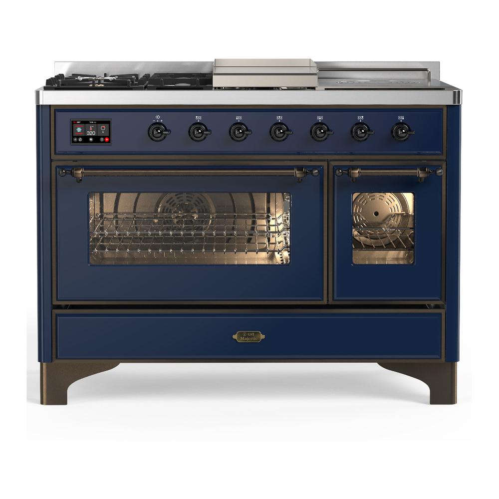 Ilve UM48FSNR3MBB Ilve Um48Fsnr3Mbb Majestic Iii 48 Inch Dual Fuel Range With 5 Black Brass Burners, Griddle And French Top, Dual Function Burner Up To 25,000 Btu (Natural Gas, Triple Glass Door, Midnight Blue, Burnished)