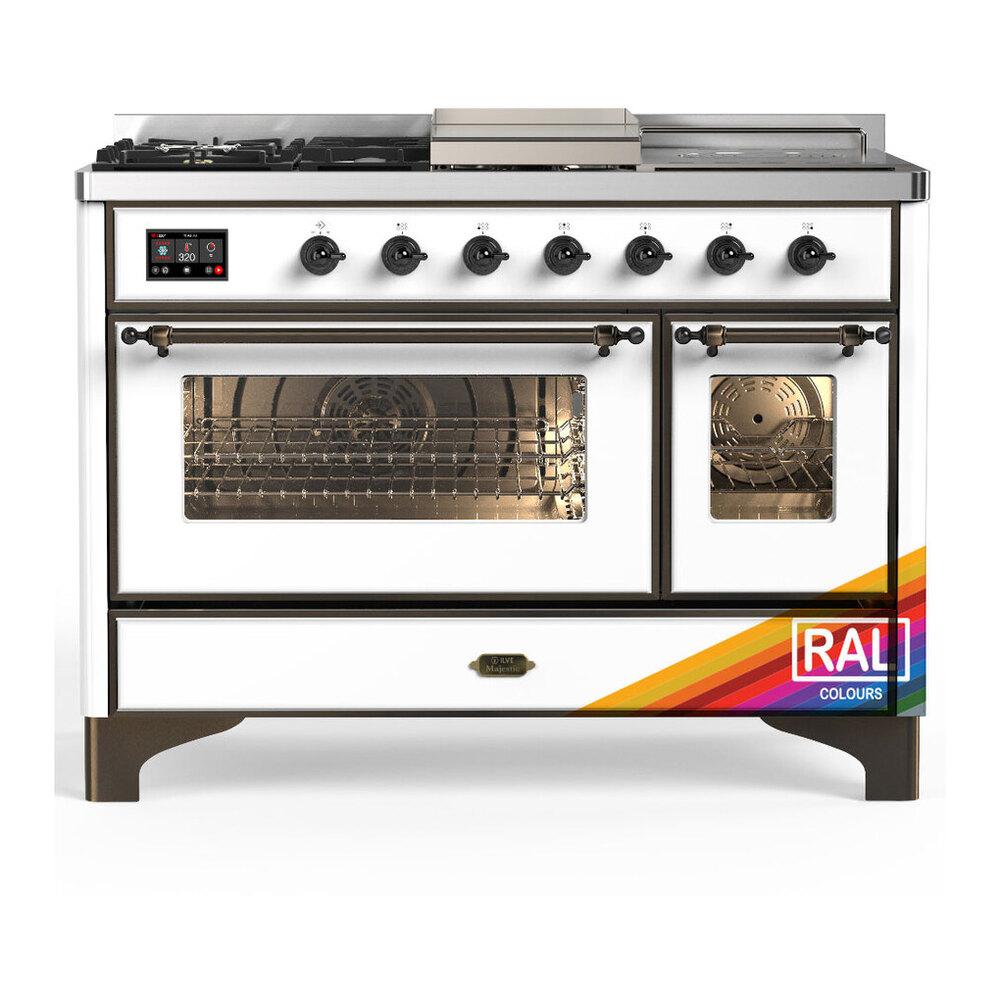 Ilve UM48FSNR3RABLP Ilve Um48Fsnr3Rablp Majestic Iii 48 Inch Dual Fuel Range With 5 Black Brass Burners, Griddle And French Top, Dual Function Burner Up To 25,000 Btu (Liquid Propane, Triple Glass Door, Ral, Burnished)