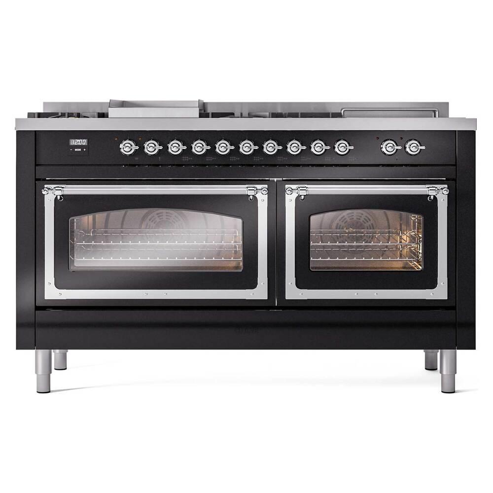 Ilve UN60FSNMPBKC Ilve Un60Fsnmpbkc Nostalgie Ii Noblesse 60" Dual Fuel Range (7 Sealed Burners + Griddle + French Top, Natural Gas, Triple Glass Door, Glossy Black, Chrome)