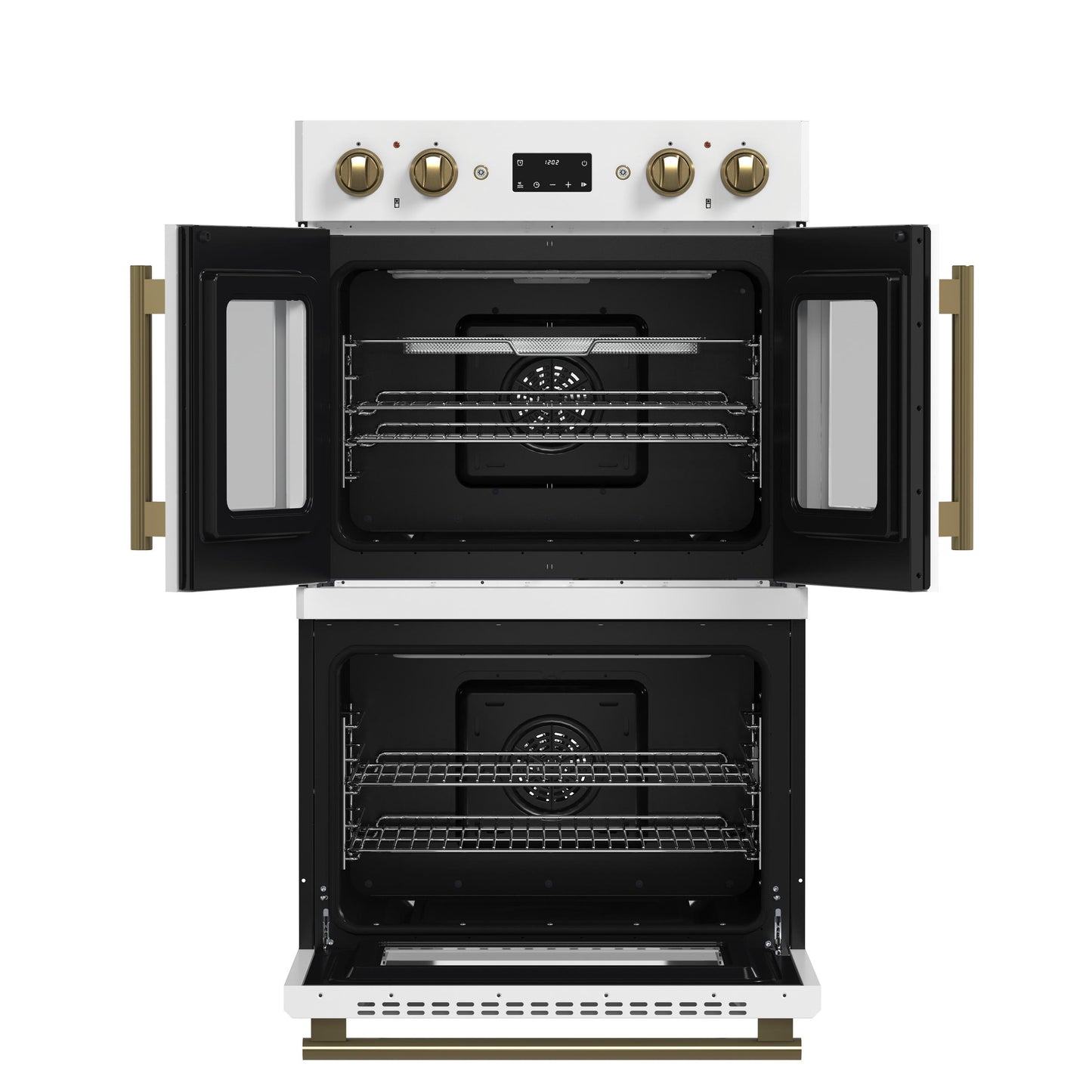 Forno FBOEL134030WHT Forno Asti 30-Inch Double Electric Wall Oven With Upper French Doors In White & Antique Brass, 7.36 Cu. Ft. Dual True Convection, 7,200W, Air Fry, Sous Vide, Self-Clean