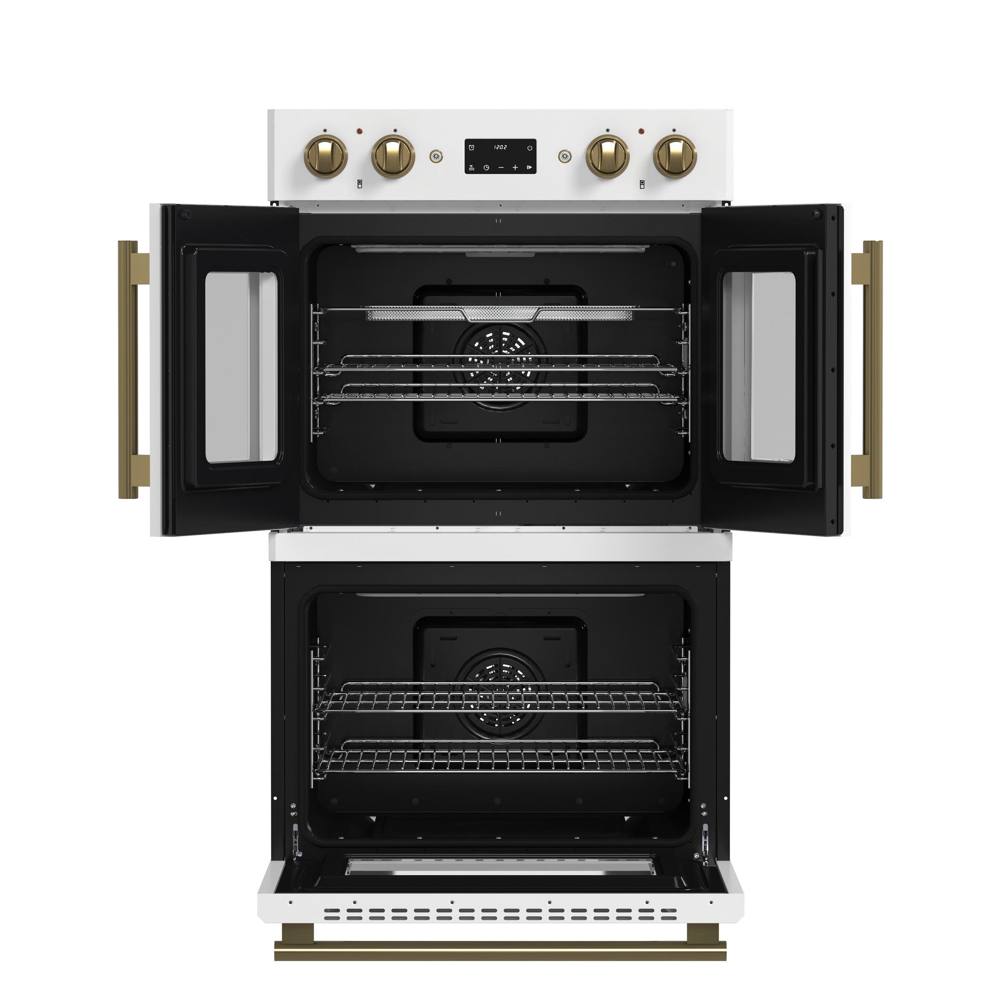Forno FBOEL134030WHT Forno Asti 30-Inch Double Electric Wall Oven With Upper French Doors In White & Antique Brass, 7.36 Cu. Ft. Dual True Convection, 7,200W, Air Fry, Sous Vide, Self-Clean