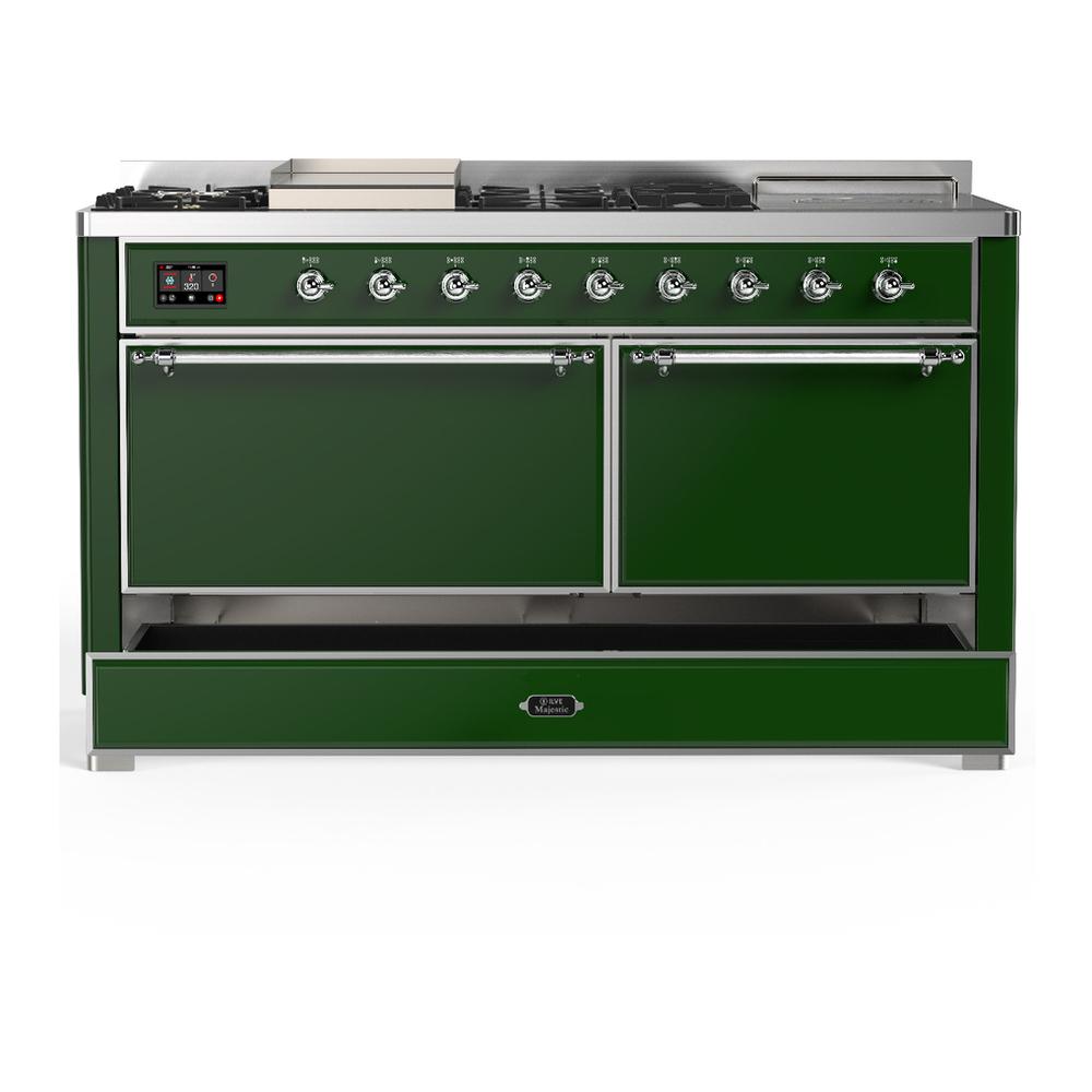 Ilve UM60FSQNR3EGC Ilve Um60Fsqnr3Egc Majestic Iii 60 Inch Dual Fuel Range With 7 Burners, Griddle And French Top, Dual Function Burner With Up To 25,000 Btu (Natural Gas, Solid Door, Emerald Green, Chrome)