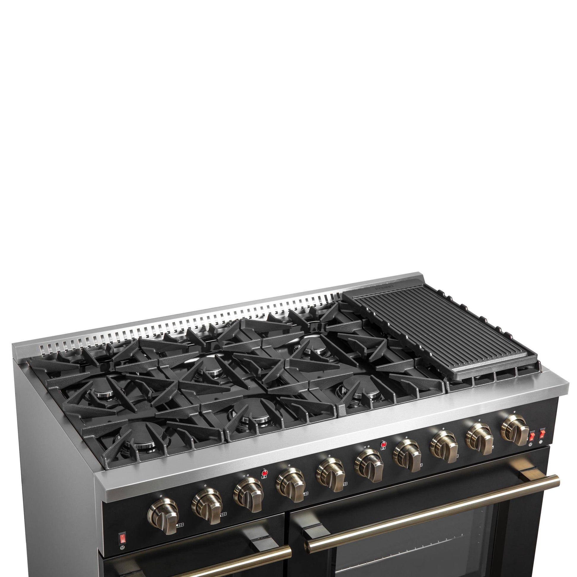 Forno FFSGS624448BLK Forno Galiano 48-Inch Gas Range Black & Antique Brass Design, 8 Burners, 107,000 Btu, Griddle, 6.58 Cu.Ft. Double Ovens