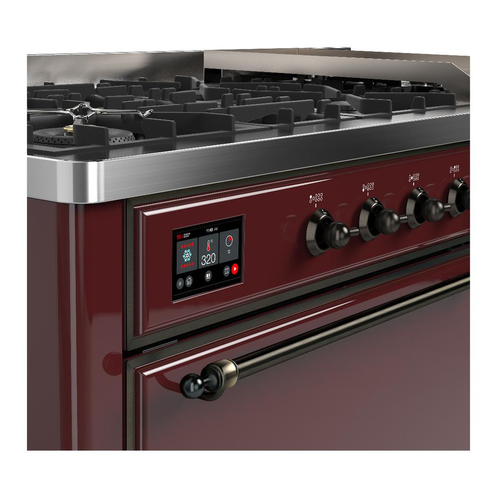 Ilve UM60FQNR3BUB Ilve Um60Fqnr3Bub Majestic Iii 60 Inch Dual Fuel Range With 9 Burners And Griddle, Dual Function Burner Up To 25,000 Btu (Natural Gas, Solid Door, Burgundy, Burnished)