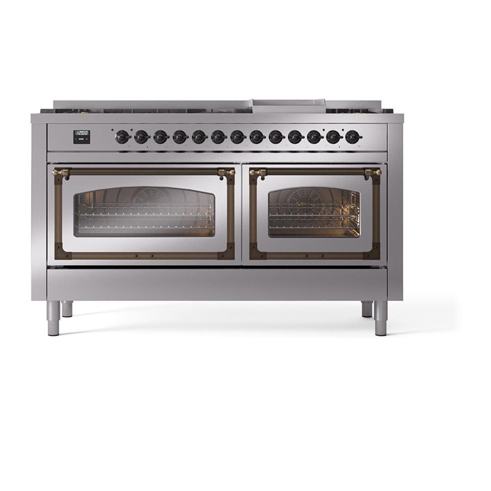 Ilve UN60FNMPSSBLP Ilve Un60Fnmpssblp Nostalgie Ii Noblesse 60" Dual Fuel Range (9 Sealed Burners + Griddle, Liquid Propane, Triple Glass Door, Stainless Steel, Burnished)