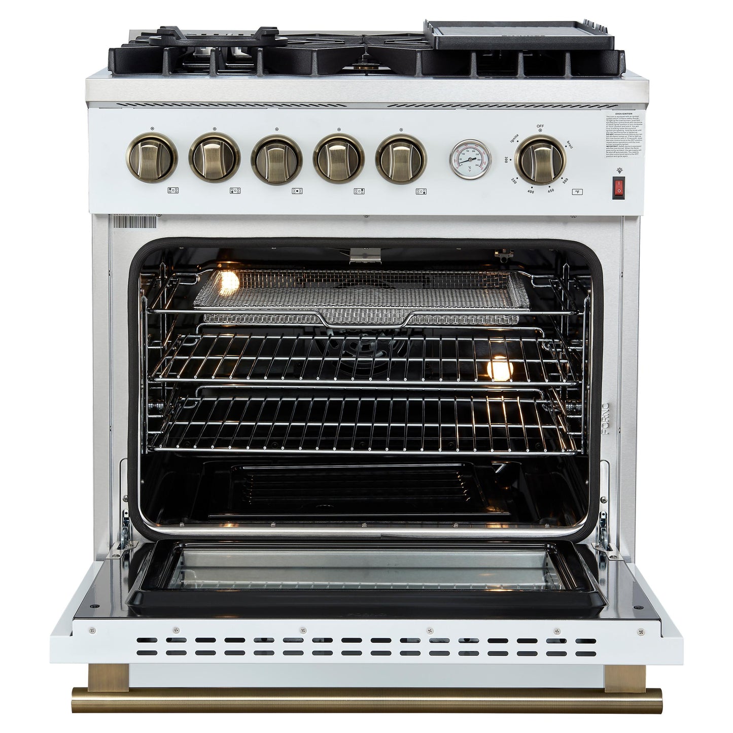 Forno FFSGS627430WHT Giovanni 30-Inch Gas Range White & Antique Brass Design, 5 Burners 67,000 Btu, 4.32 Cu.Ft. Convection Oven