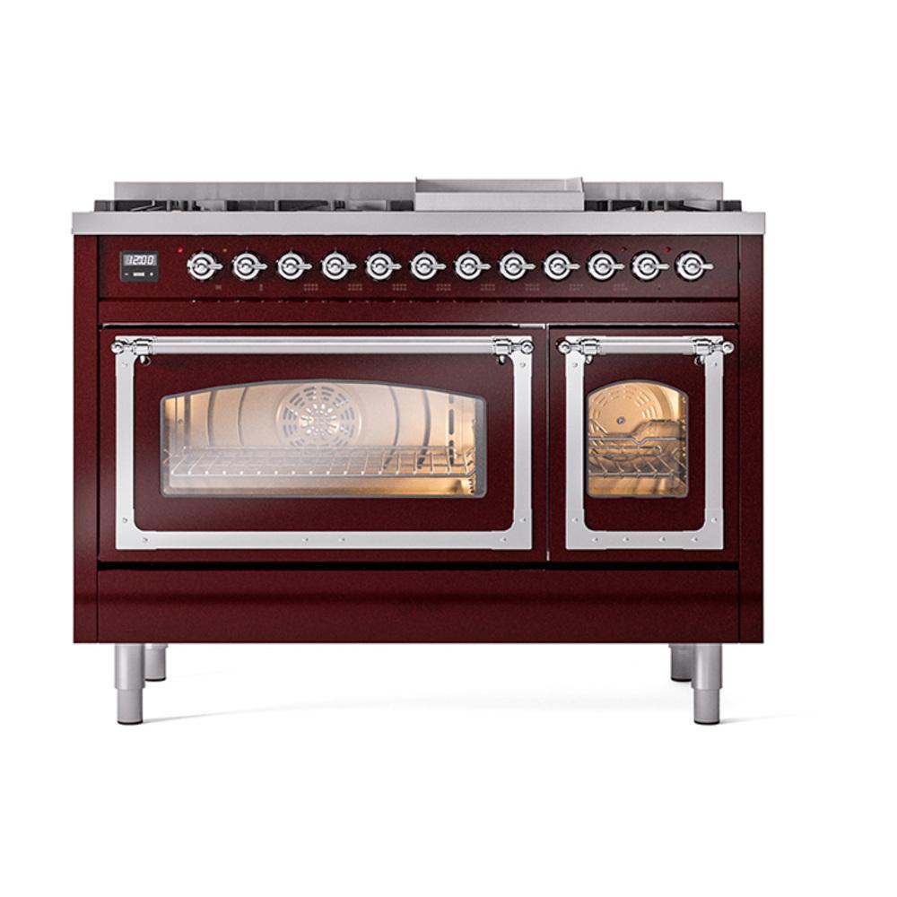 Ilve UN48FNMPBUC Ilve Un48Fnmpbuc Nostalgie Ii Noblesse 48" Dual Fuel Range (8 Sealed Burners + Griddle, Natural Gas, Triple Glass Door, Burgundy, Chrome)
