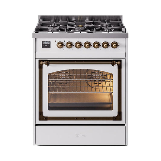 Ilve UN30NMPWHBLP Ilve Un30Nmpwhblp Nostalgie Ii Noblesse 30" Dual Fuel Range (Liquid Propane, Triple Glass Door, White, Burnished)