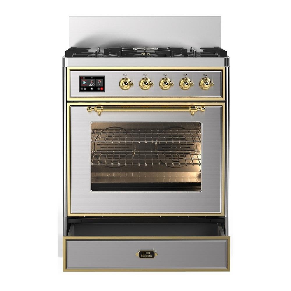 Ilve UM30NR3SSGLP Ilve Um30Nr3Ssglp Majestic Iii 30 Inch Dual Fuel Range With 5 Black Brass Burners, Dual Function Burner Up To 25,000 Btu (Liquid Propane, Triple Glass Door, Stainless Steel, Brass)