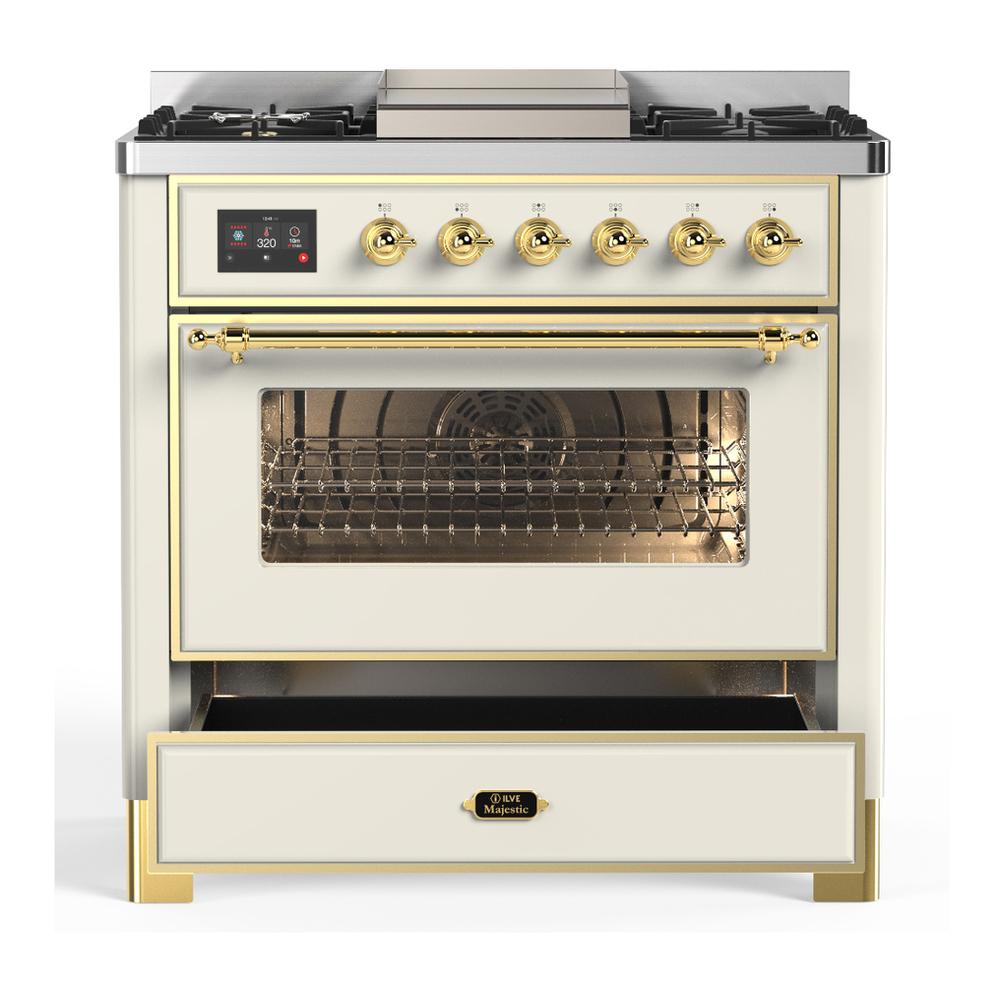 Ilve UM36FNR3AWGLP Ilve Um36Fnr3Awglp Majestic Iii 36 Inch Dual Fuel Range With 6 Black Brass Burners And Griddle, Dual Function Burner Up To 25,000 Btu (Triple Glass Door, Antique White, Brass, Liquid Propane)