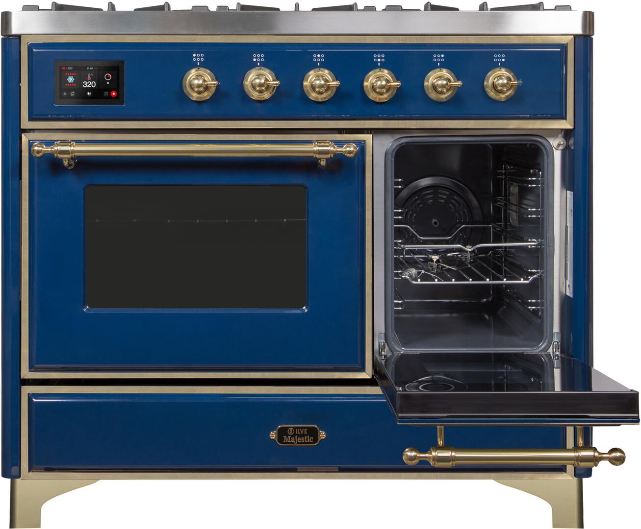 Ilve UMD10FDNS3MBG Majestic Ii 40 Inch Dual Fuel Natural Gas Freestanding Range In Blue With Brass Trim