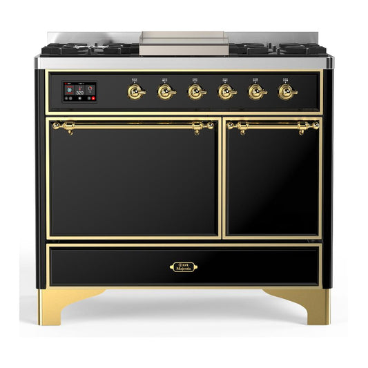 Ilve UMD40FQNR3BKGLP Ilve Umd40Fqnr3Bkglp Majestic Iii 40 Inch Dual Fuel Range With 6 Burners And Griddle, Dual Function Burner Up To 25,000 Btu (Liquid Propane, Solid Door, Glossy Black, Brass)