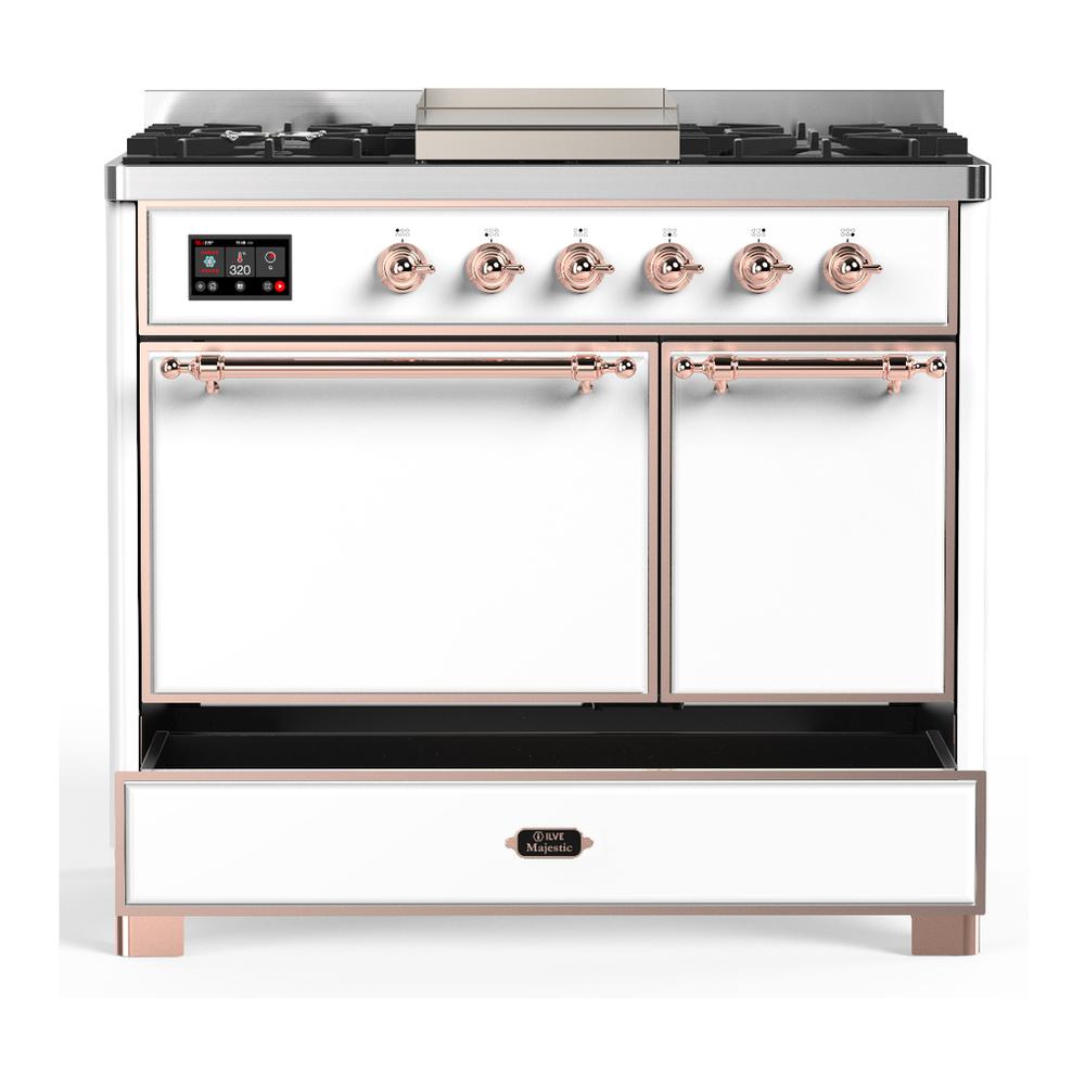 Ilve UMD40FQNR3WHPLP Ilve Umd40Fqnr3Whplp Majestic Iii 40 Inch Dual Fuel Range With 6 Burners And Griddle, Dual Function Burner Up To 25,000 Btu (Liquid Propane, Solid Door, White, Copper)