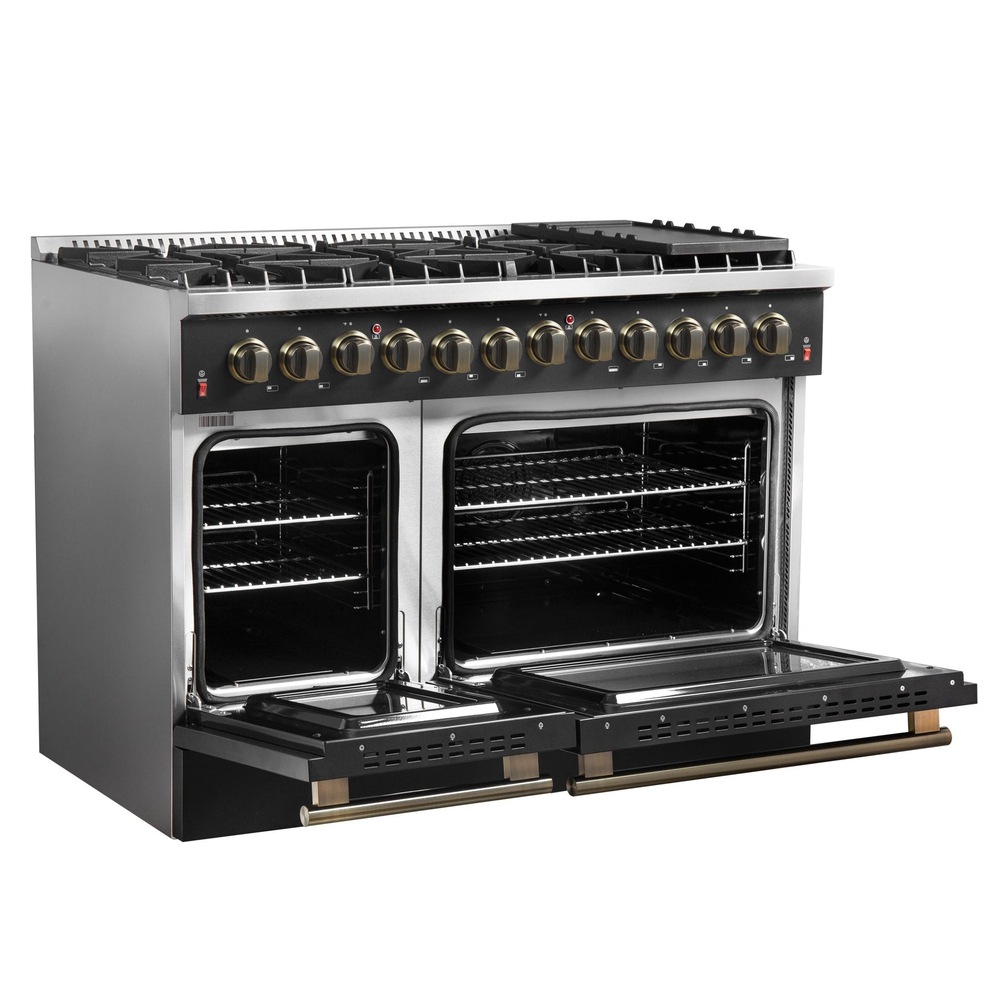 Forno FFSGS615648BLK Galiano 48-Inch Dual Fuel Range Black & Antique Brass Design With 8 Sealed Burners 107,000 Btu, 6.58 Cu. Ft. Double Ovens & Griddle