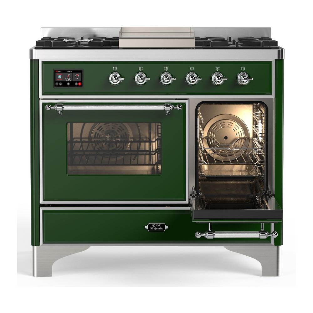 Ilve UMD40FNR3EGC Ilve Umd40Fnr3Egc Majestic Iii 40 Inch Dual Fuel Range With 6 Burners And Griddle, Dual Function Burner Up To 25,000 Btu (Natural Gas, Triple Glass Door, Emerald Green, Chrome)