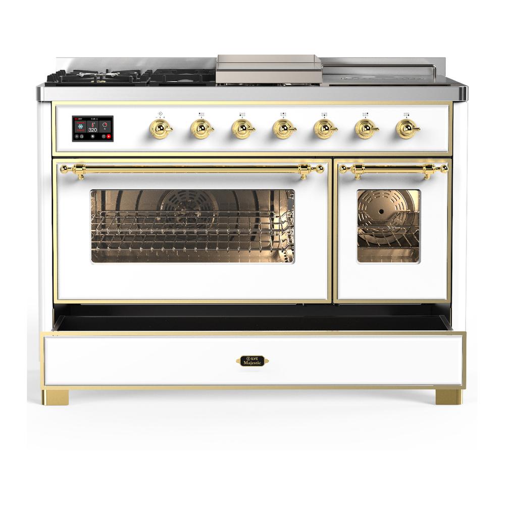 Ilve UM48FSNR3WHG Ilve Um48Fsnr3Whg Majestic Iii 48 Inch Dual Fuel Range With 5 Black Brass Burners, Griddle And French Top, Dual Function Burner Up To 25,000 Btu (Natural Gas, Triple Glass Door, White, Brass)