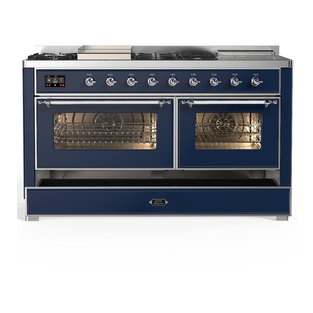 Ilve UM60FSNR3MBC Ilve Um60Fsnr3Mbc Majestic Iii 60 Inch Dual Fuel Range With 7 Burners, Griddle And French Top, Dual Function Burner With Up To 25,000 Btu (Natural Gas, Triple Glass Door, Midnight Blue, Chrome)