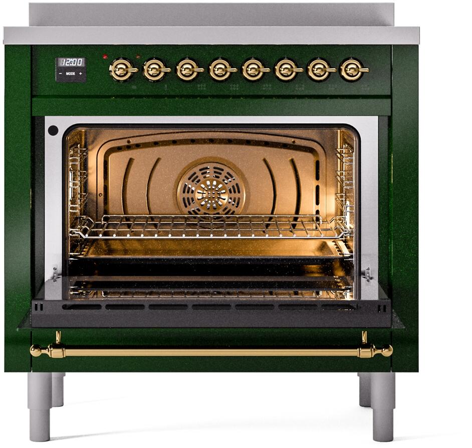 Ilve UPI366NMPEGG Nostalgie Ii 36 Inch Electric Freestanding Range In Emerald Green With Brass Trim