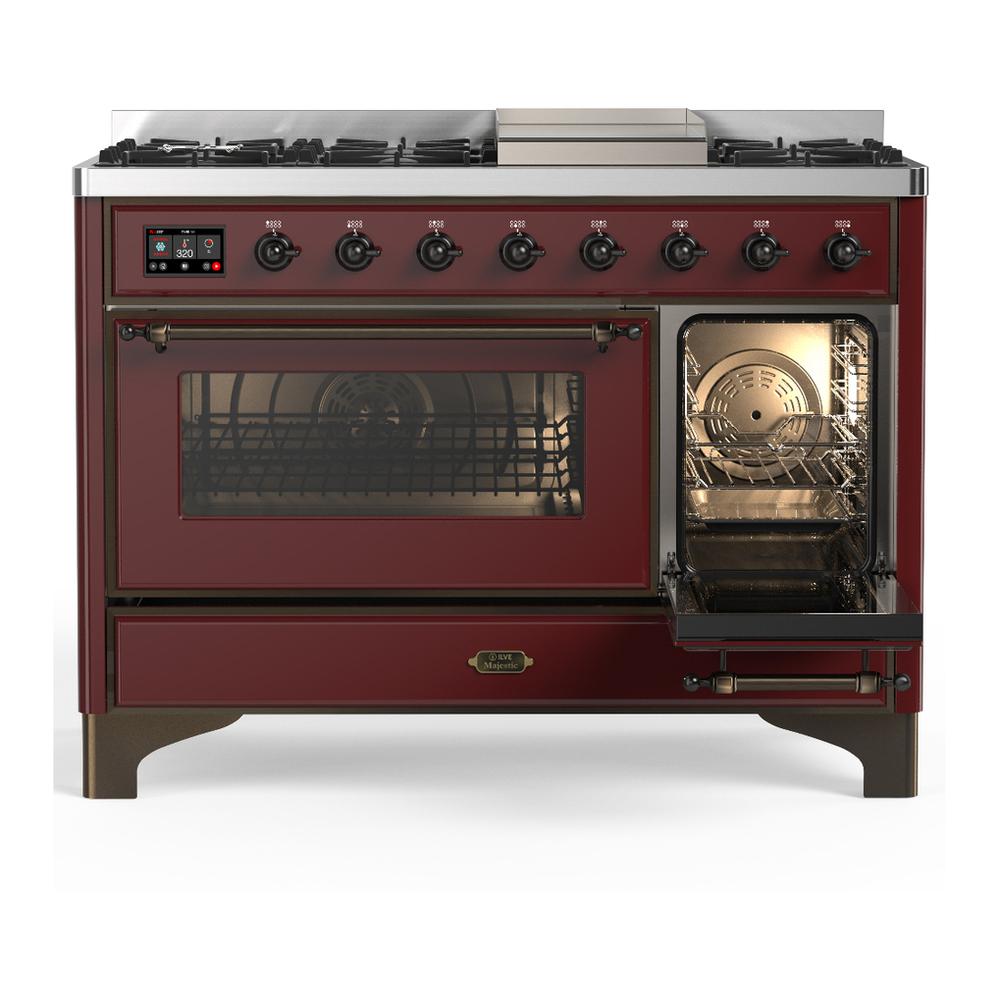 Ilve UM48FNR3BUB Ilve Um48Fnr3Bub Majestic Iii 48 Inch Dual Fuel Range With 8 Burners And Griddle, Dual Function Burner Up To 25,000 Btu (Natural Gas, Triple Glass Door, Burgundy, Burnished)