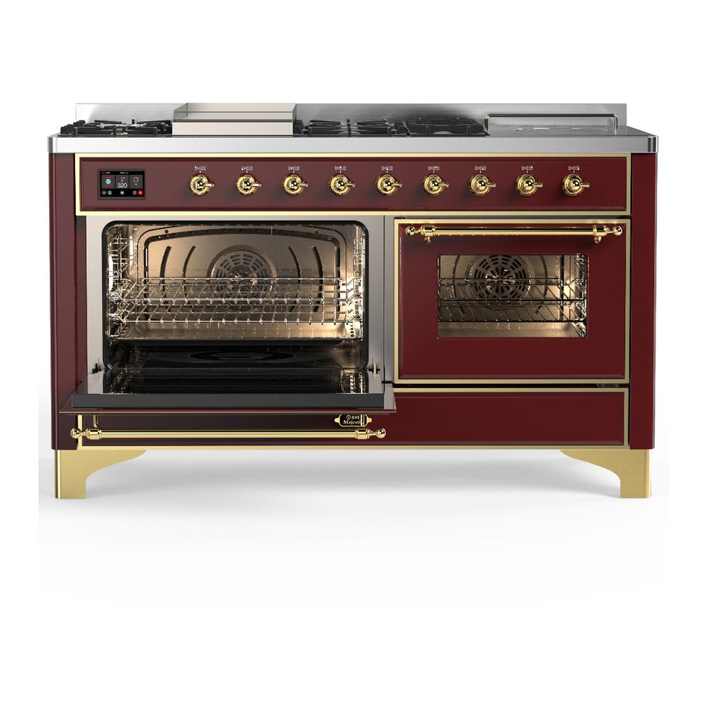 Ilve UM60FSNR3BUGLP Ilve Um60Fsnr3Buglp Majestic Iii 60 Inch Dual Fuel Range With 7 Burners, Griddle And French Top, Dual Function Burner With Up To 25,000 Btu (Liquid Propane, Triple Glass Door, Burgundy, Brass)