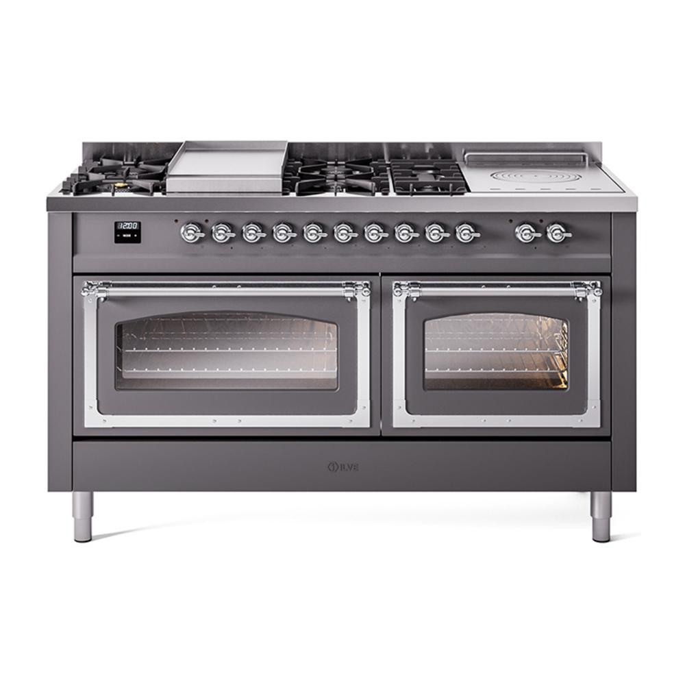 Ilve UN60FSNMPMGC Ilve Un60Fsnmpmgc Nostalgie Ii Noblesse 60" Dual Fuel Range (7 Sealed Burners + Griddle + French Top, Natural Gas, Triple Glass Door, Graphite Matte, Chrome)