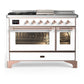 Ilve UM48FSNR3WHPLP Ilve Um48Fsnr3Whplp Majestic Iii 48 Inch Dual Fuel Range With 5 Black Brass Burners, Griddle And French Top, Dual Function Burner Up To 25,000 Btu (Liquid Propane, Triple Glass Door, White, Copper)