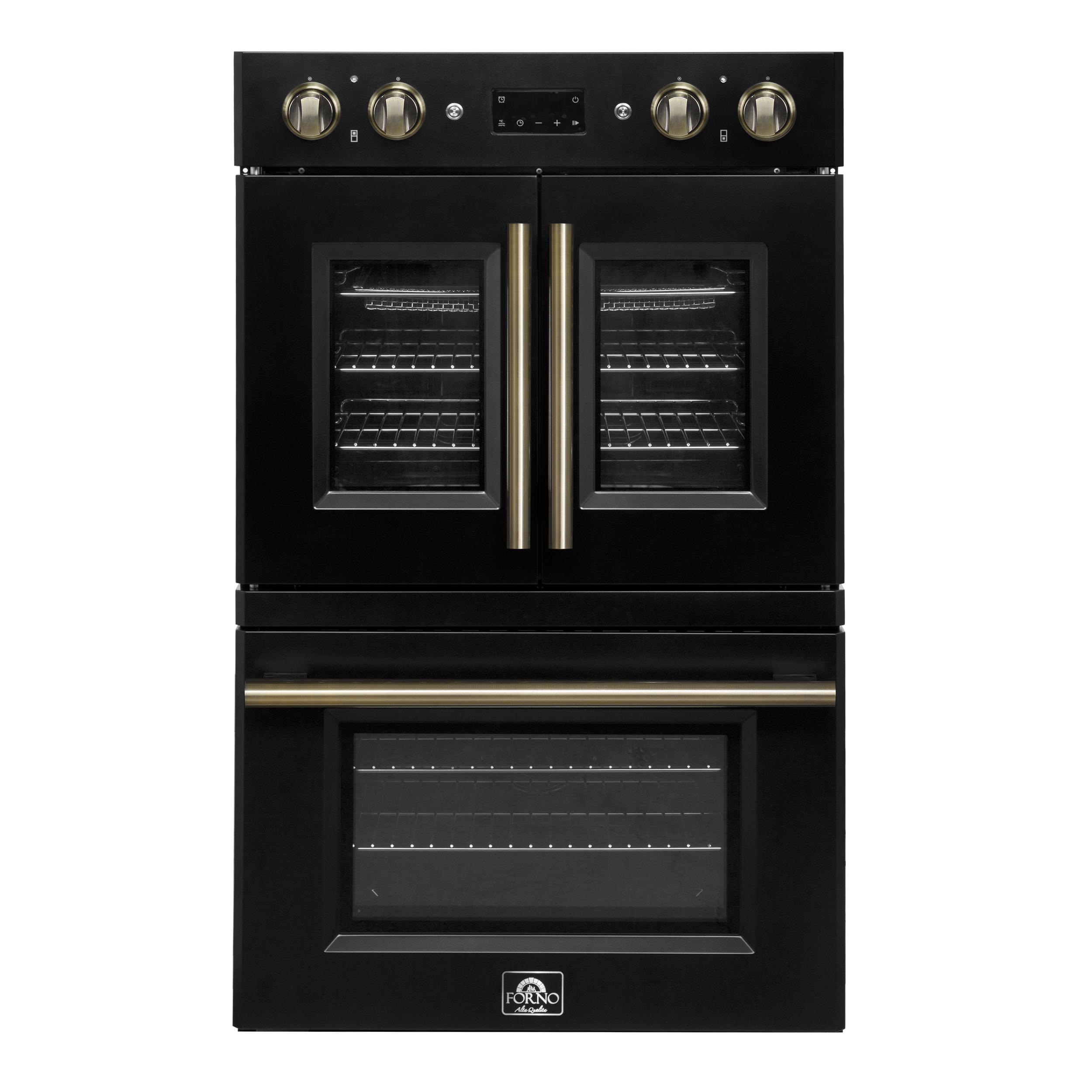 Forno FBOEL134030BLK Forno Asti 30-Inch Double Electric Wall Oven With Upper French Doors In Black & Antique Brass, 7.36 Cu. Ft. Dual True Convection, 7,200W, Air Fry, Sous Vide, Self-Clean