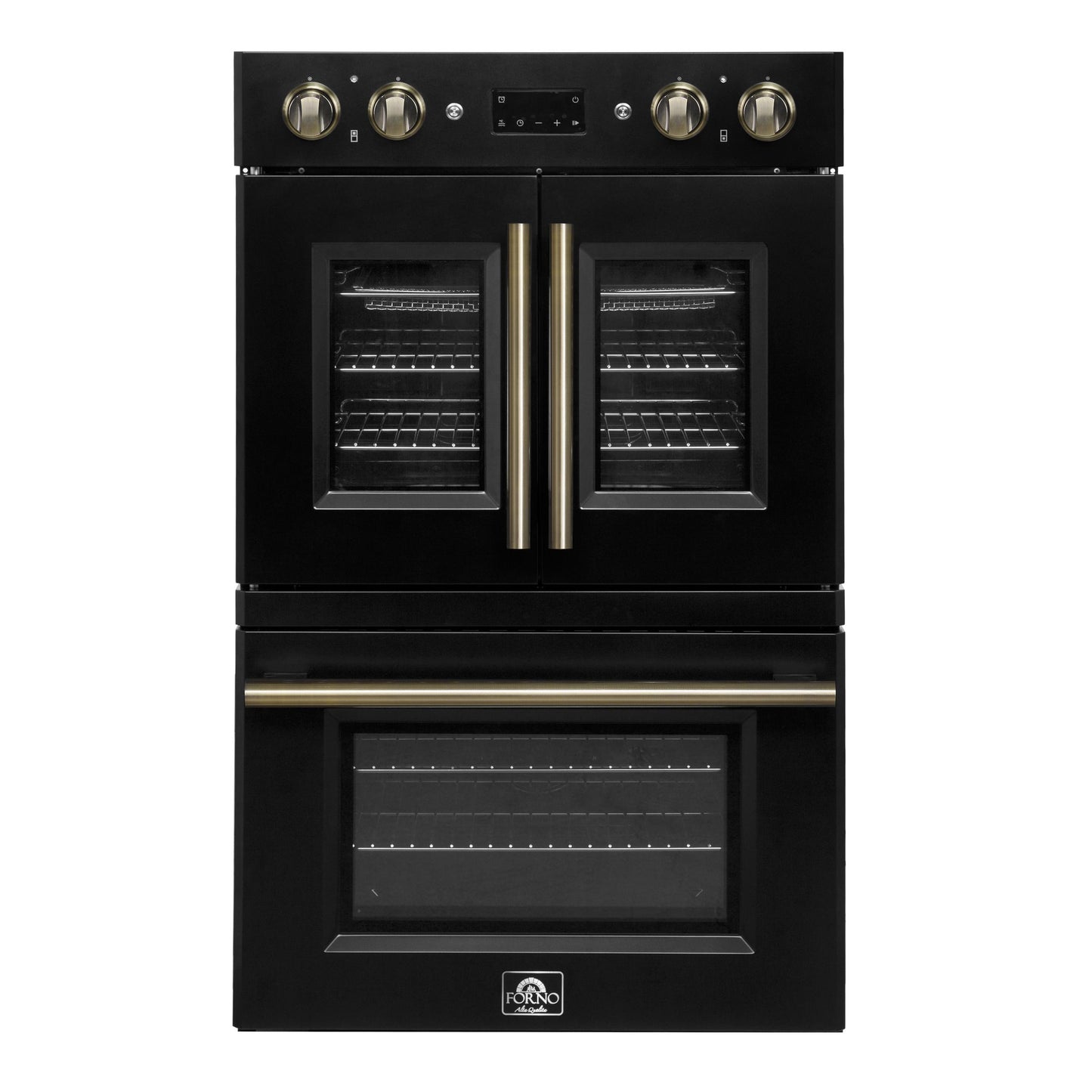 Forno FBOEL134030BLK Forno Asti 30-Inch Double Electric Wall Oven With Upper French Doors In Black & Antique Brass, 7.36 Cu. Ft. Dual True Convection, 7,200W, Air Fry, Sous Vide, Self-Clean