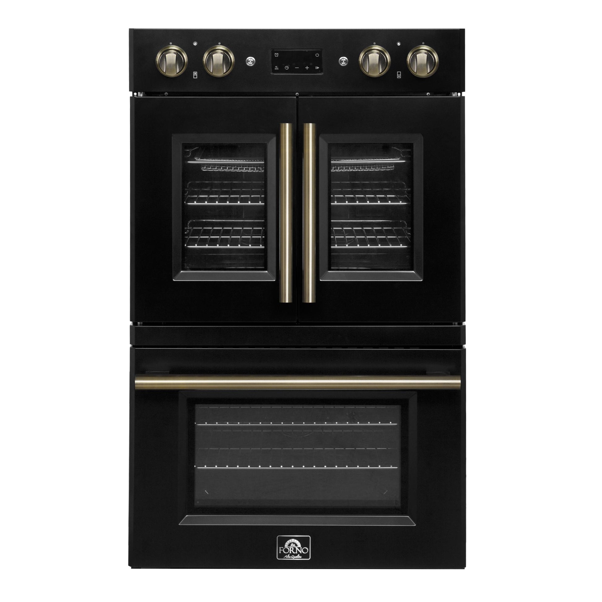 Forno FBOEL134030BLK Forno Asti 30-Inch Double Electric Wall Oven With Upper French Doors In Black & Antique Brass, 7.36 Cu. Ft. Dual True Convection, 7,200W, Air Fry, Sous Vide, Self-Clean