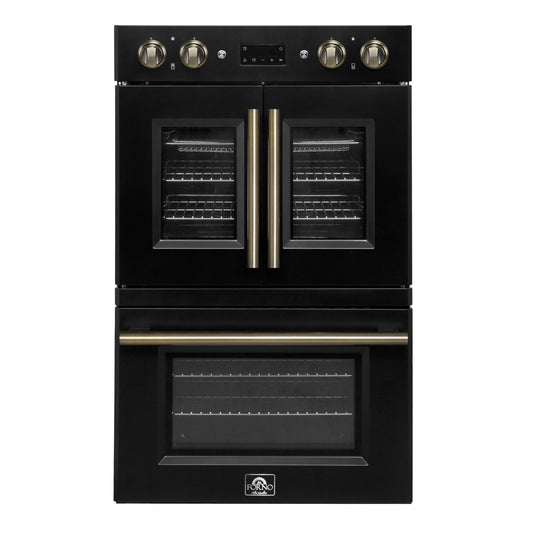 Forno FBOEL134030BLK Forno Asti 30-Inch Double Electric Wall Oven With Upper French Doors In Black & Antique Brass, 7.36 Cu. Ft. Dual True Convection, 7,200W, Air Fry, Sous Vide, Self-Clean