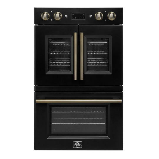 Forno FBOEL134030BLK Forno Asti 30-Inch Double Electric Wall Oven With Upper French Doors In Black & Antique Brass, 7.36 Cu. Ft. Dual True Convection, 7,200W, Air Fry, Sous Vide, Self-Clean