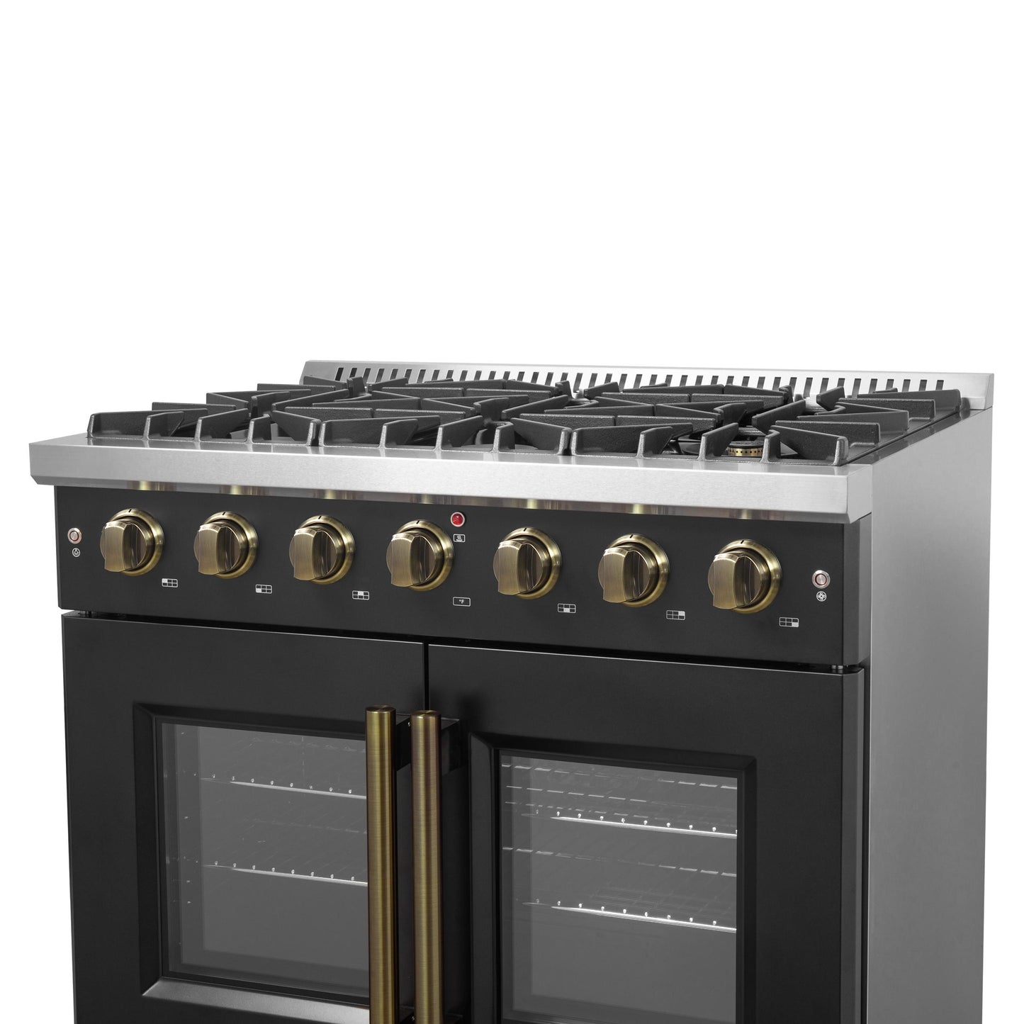 Forno FFSGS644436BLK Forno Galiano 36-Inch French Door Gas Range Black And Antique Brass Design, 6 Sealed Burners 83,000 Btu, 5.36 Cu.Ft. Convection Oven