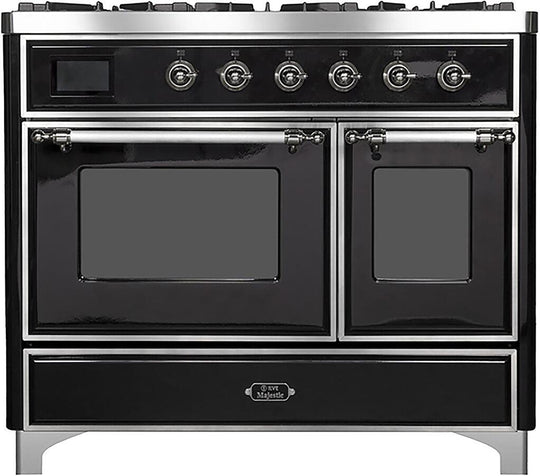 Ilve UMD10FDNS3BKCLP Majestic Ii 40 Inch Dual Fuel Liquid Propane Freestanding Range In Glossy Black With Chrome Trim