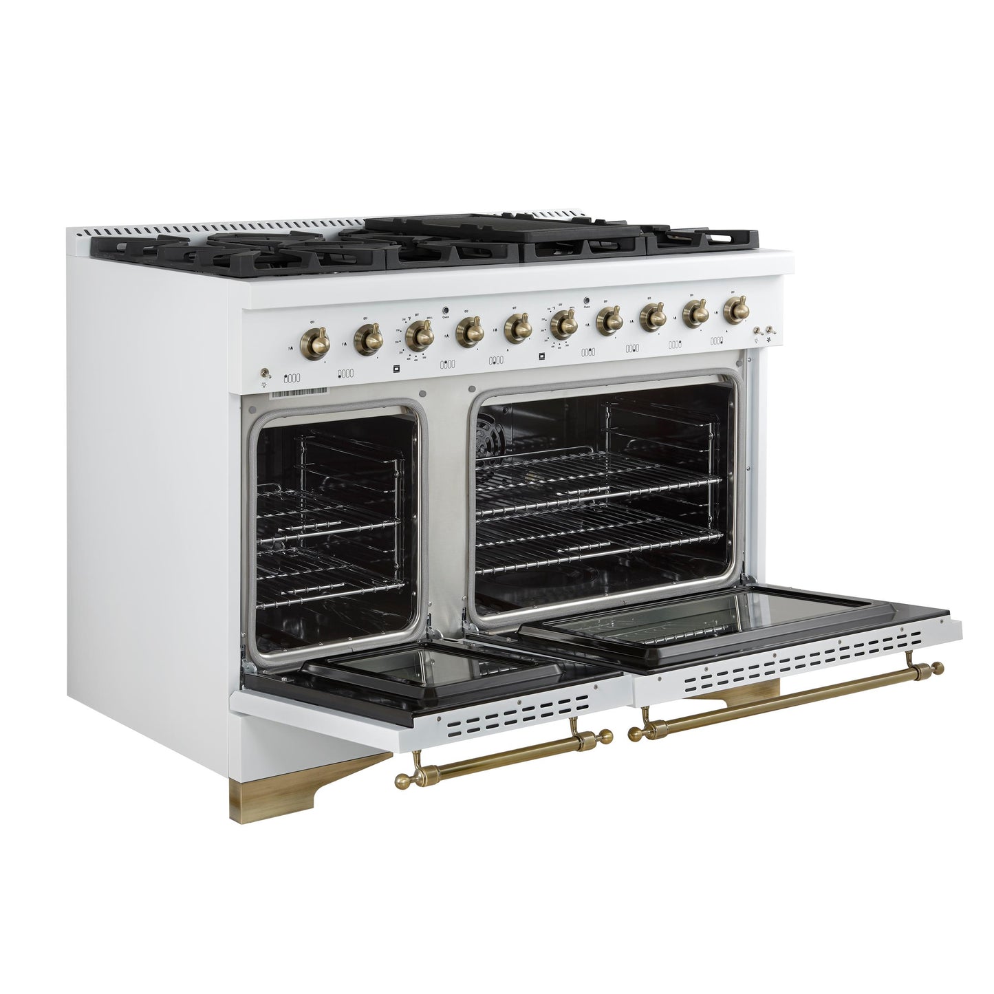 Forno FFSGS611348WHT Forno Antico 48-Inch Dual Fuel Range, White With Antique Brass Finish, 8 Burners, 94,000 Btu, 5.5 Cu.Ft. Double Ovens & Griddle