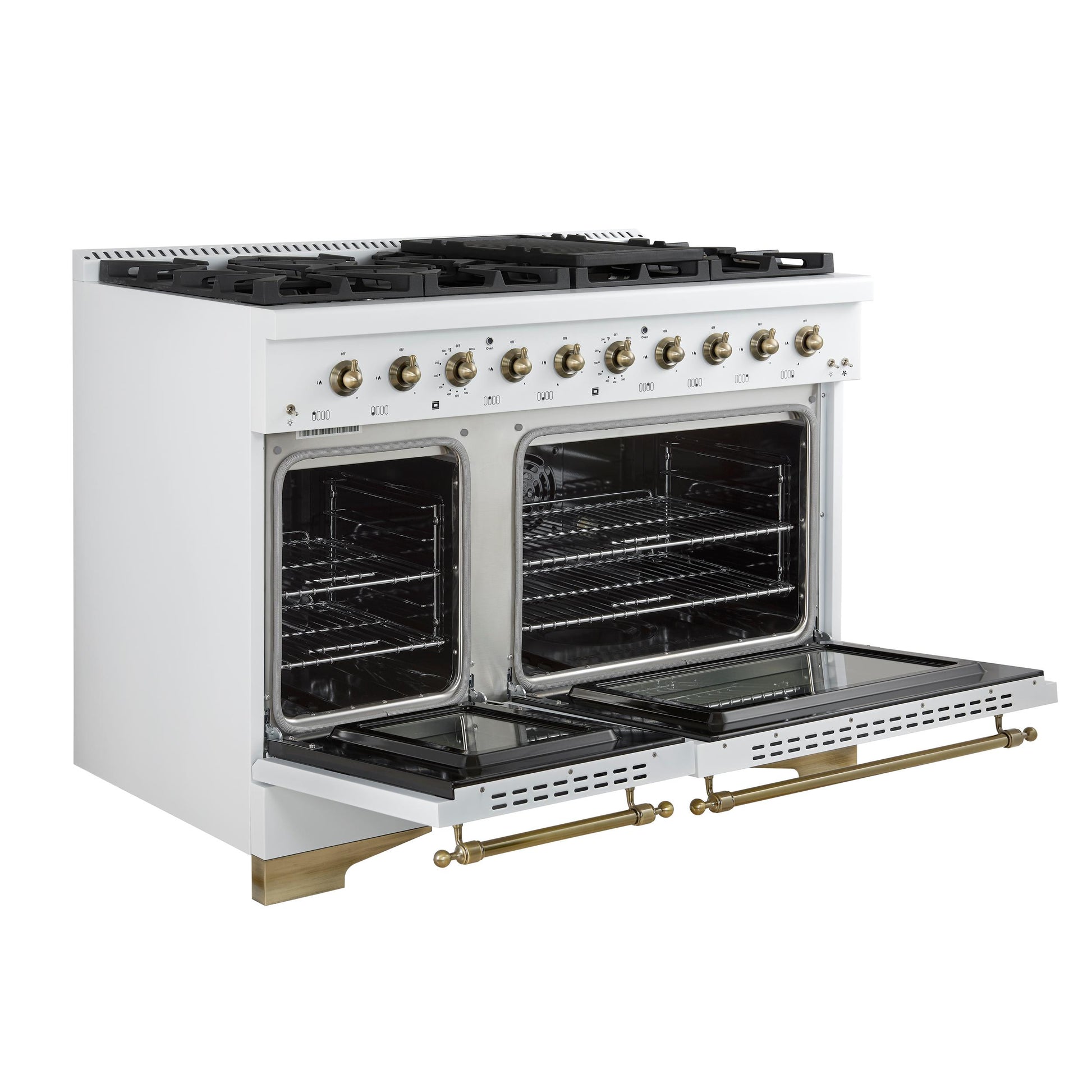 Forno FFSGS611348WHT Forno Antico 48-Inch Dual Fuel Range, White With Antique Brass Finish, 8 Burners, 94,000 Btu, 5.5 Cu.Ft. Double Ovens & Griddle