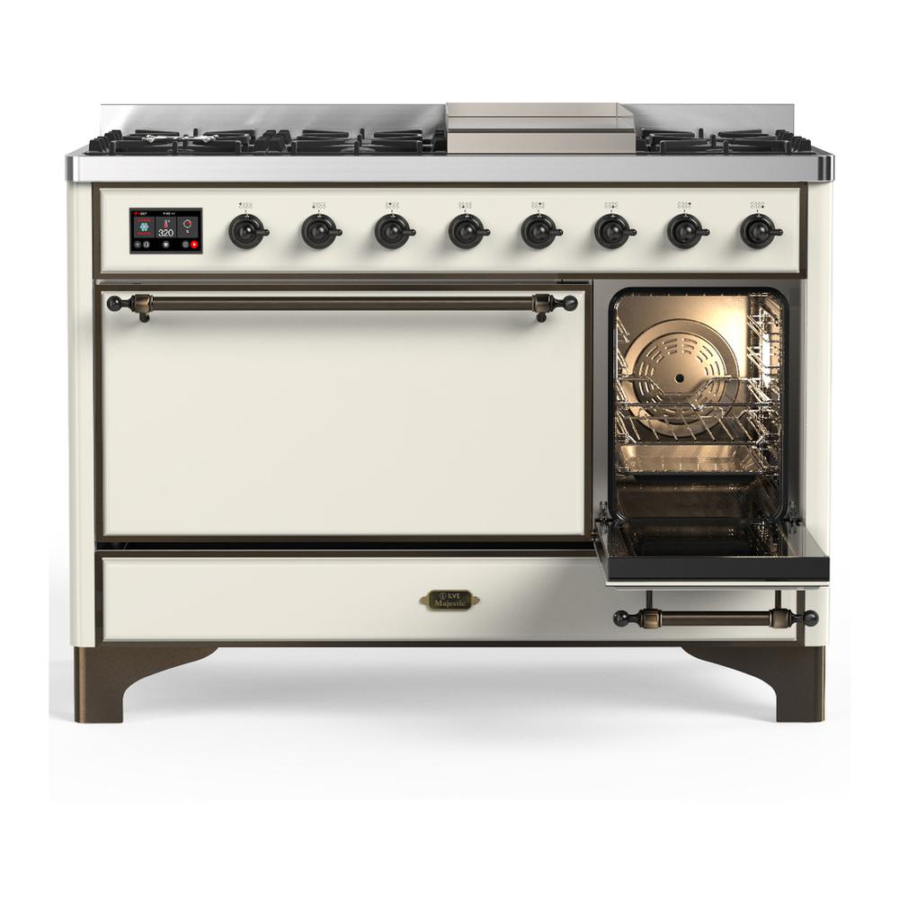Ilve UM48FQNR3AWBLP Ilve Um48Fqnr3Awblp Majestic Iii 48 Inch Dual Fuel Range With 8 Burners And Griddle, Dual Function Burner Up To 25,000 Btu (Liquid Propane, Solid Door, Antique White, Burnished)
