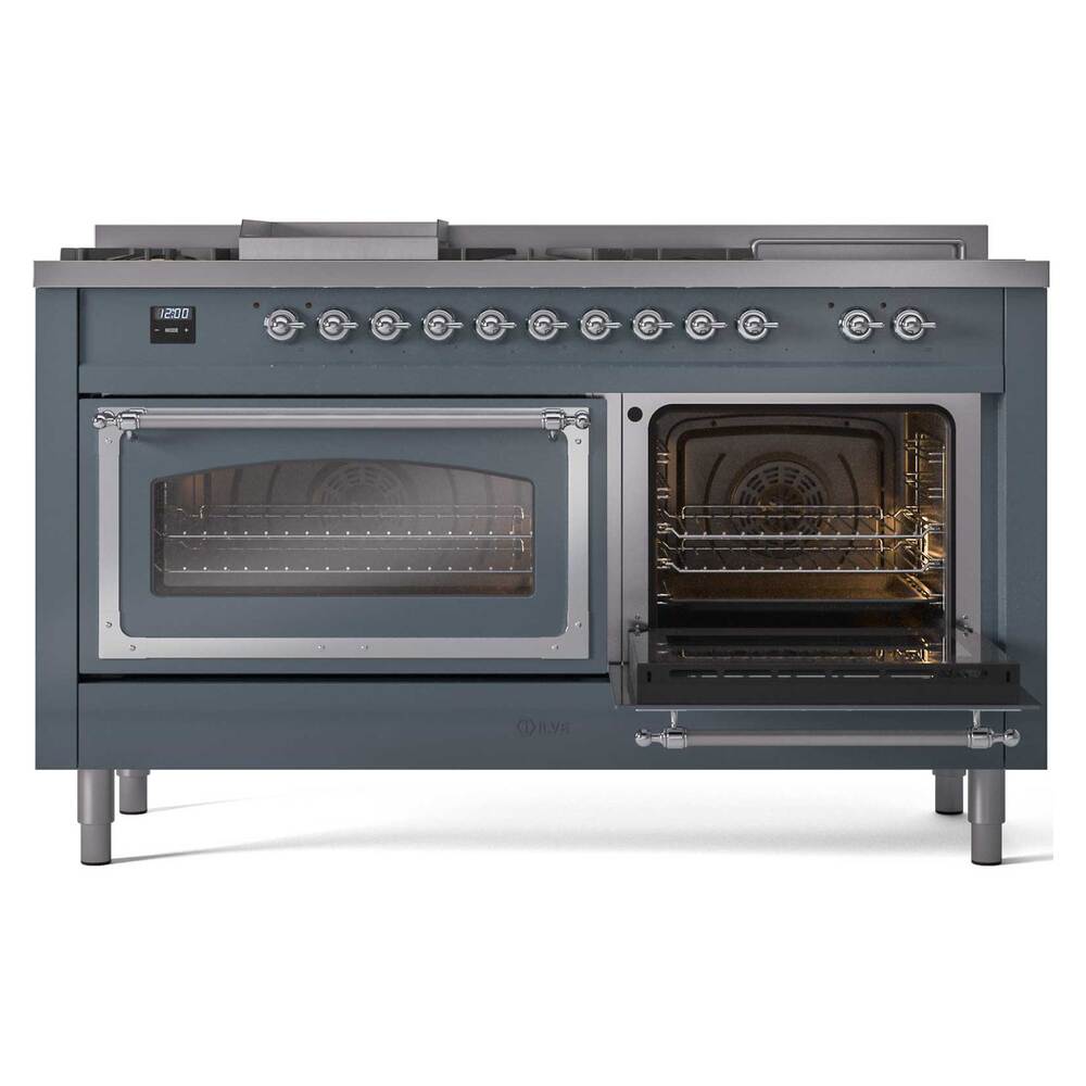Ilve UN60FSNMPBGC Ilve Un60Fsnmpbgc Nostalgie Ii Noblesse 60" Dual Fuel Range (7 Sealed Burners + Griddle + French Top, Natural Gas, Triple Glass Door, Blue Grey, Chrome)