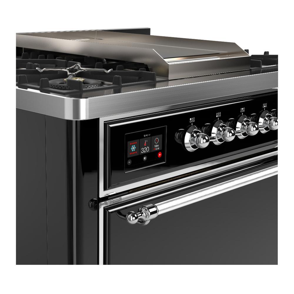 Ilve UM36FQNR3BKC Ilve Um36Fqnr3Bkc Majestic Iii 36 Inch Dual Fuel Range With 6 Black Brass Burners And Griddle, Dual Function Burner Up To 25,000 Btu (Solid Door, Glossy Black, Chrome, Natural Gas)