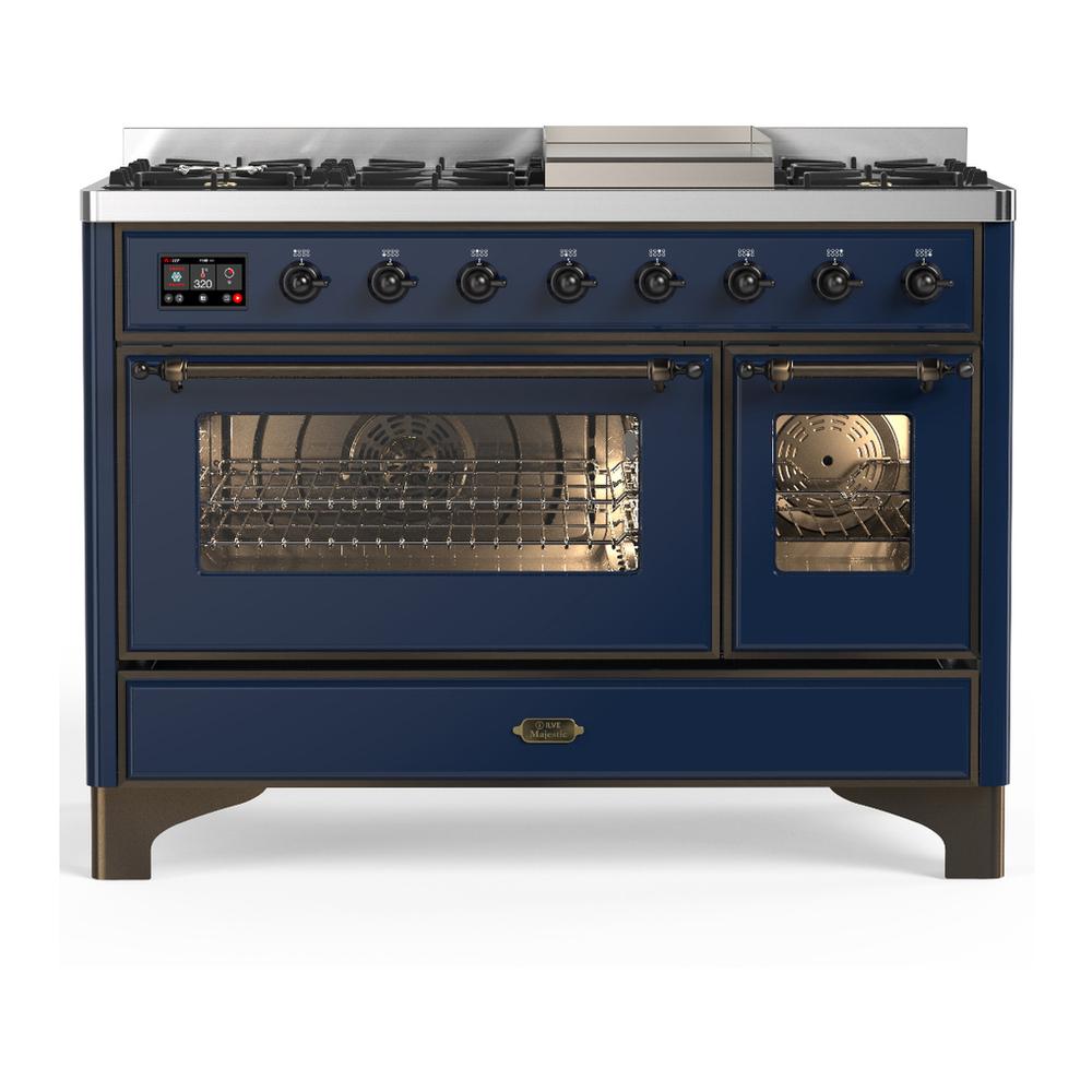 Ilve UM48FNR3MBP Ilve Um48Fnr3Mbp Majestic Iii 48 Inch Dual Fuel Range With 8 Burners And Griddle, Dual Function Burner Up To 25,000 Btu (Natural Gas, Triple Glass Door, Midnight Blue, Copper)