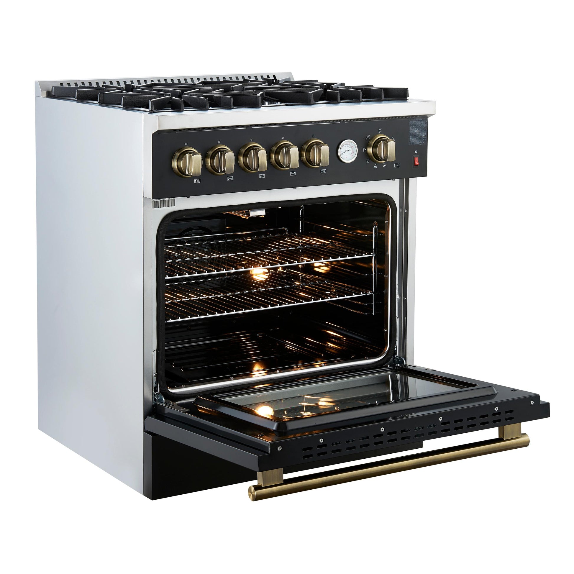 Forno FFSGS627430BLK Giovanni 30-Inch Gas Range Black & Antique Brass Design, 5 Burners 67,000 Btu, 4.32 Cu.Ft. Convection Oven