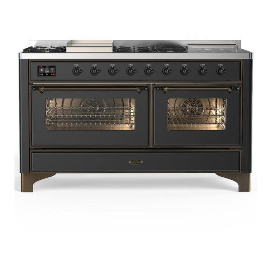 Ilve UM60FSNR3MGBLP Ilve Um60Fsnr3Mgblp Majestic Iii 60 Inch Dual Fuel Range With 7 Burners, Griddle And French Top, Dual Function Burner With Up To 25,000 Btu (Liquid Propane, Triple Glass Door, Graphite Matte, Burnished)