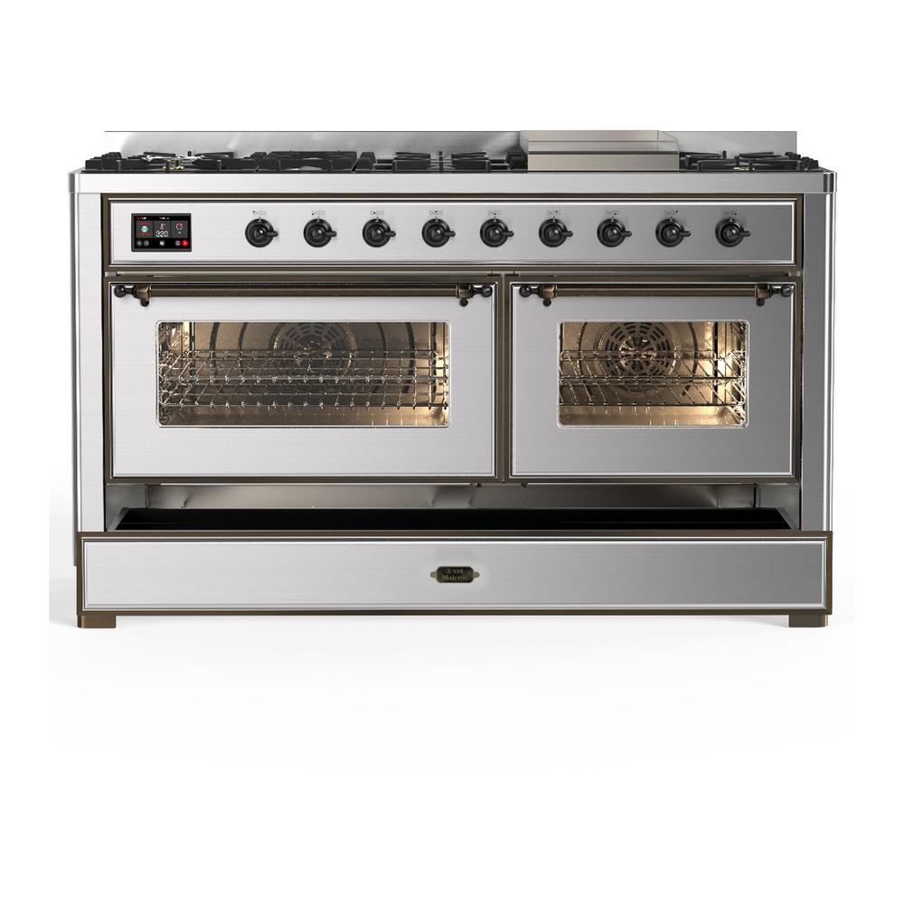 Ilve UM60FNR3SSB Ilve Um60Fnr3Ssb Majestic Iii 60 Inch Dual Fuel Range With 9 Burners And Griddle, Dual Function Burner Up To 25,000 Btu (Natural Gas, Triple Glass Door, Stainless Steel, Burnished)