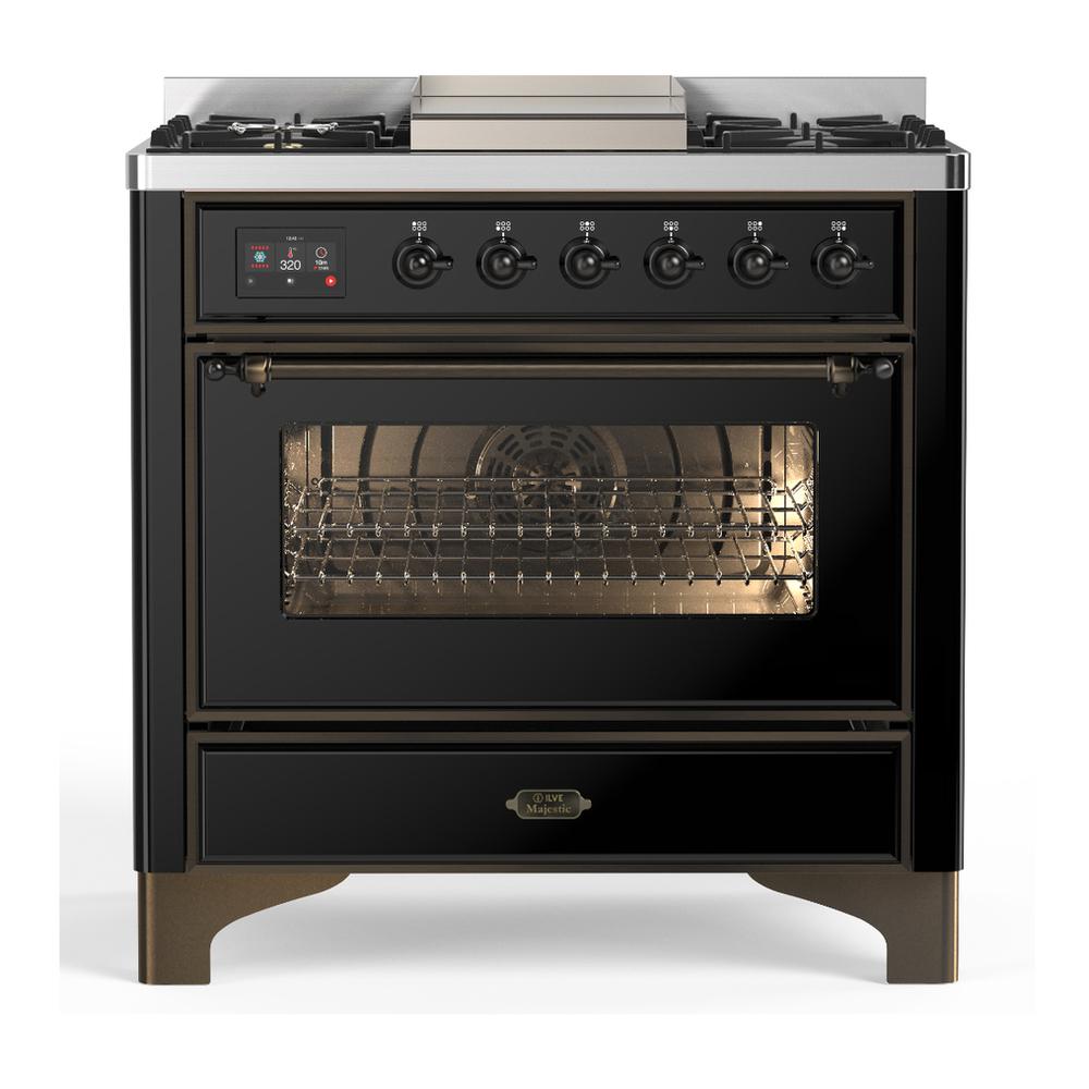 Ilve UM36FNR3BKB Ilve Um36Fnr3Bkb Majestic Iii 36 Inch Dual Fuel Range With 6 Black Brass Burners And Griddle, Dual Function Burner Up To 25,000 Btu (Triple Glass Door, Glossy Black, Burnished, Natural Gas)