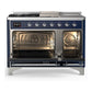 Ilve UM48FSQNR3MBC Ilve Um48Fsqnr3Mbc Majestic Iii 48 Inch Dual Fuel Range With 5 Black Brass Burners, Griddle And French Top, Dual Function Burner Up To 25,000 Btu (Natural Gas, Solid Door, Midnight Blue, Chrome)