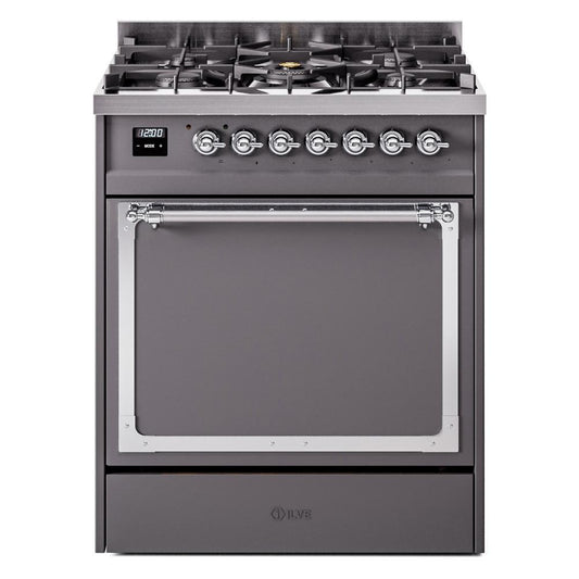 Ilve UN30QNMPMGC Ilve Un30Qnmpmgc Nostalgie Ii Noblesse 30" Dual Fuel Range (Natural Gas, Solid Door, Graphite Matte, Chrome)